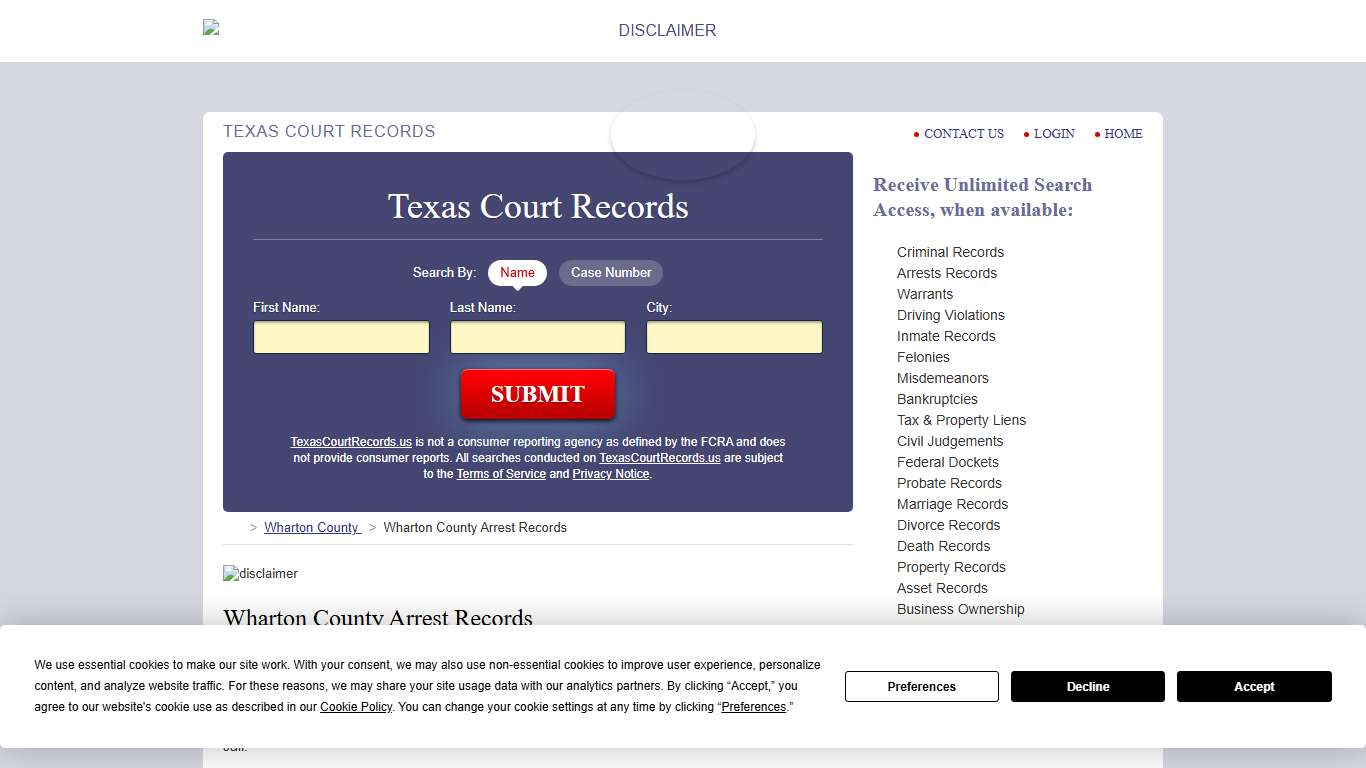 Wharton County Arrest Records TexasCourtRecords.us